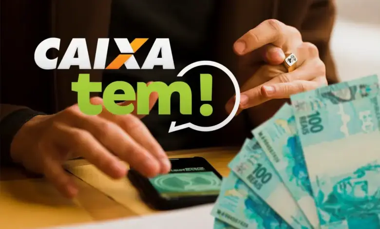 Imagem ilustrativa do aplicativo Caixa Tem em um celular ao lado de notas de dinheiro, representando o pagamento do Bolsa Família realizado pela Caixa Econômica Federal. O benefício mínimo de R$ 600 começa a ser depositado em março seguindo o calendário baseado no número final do NIS.