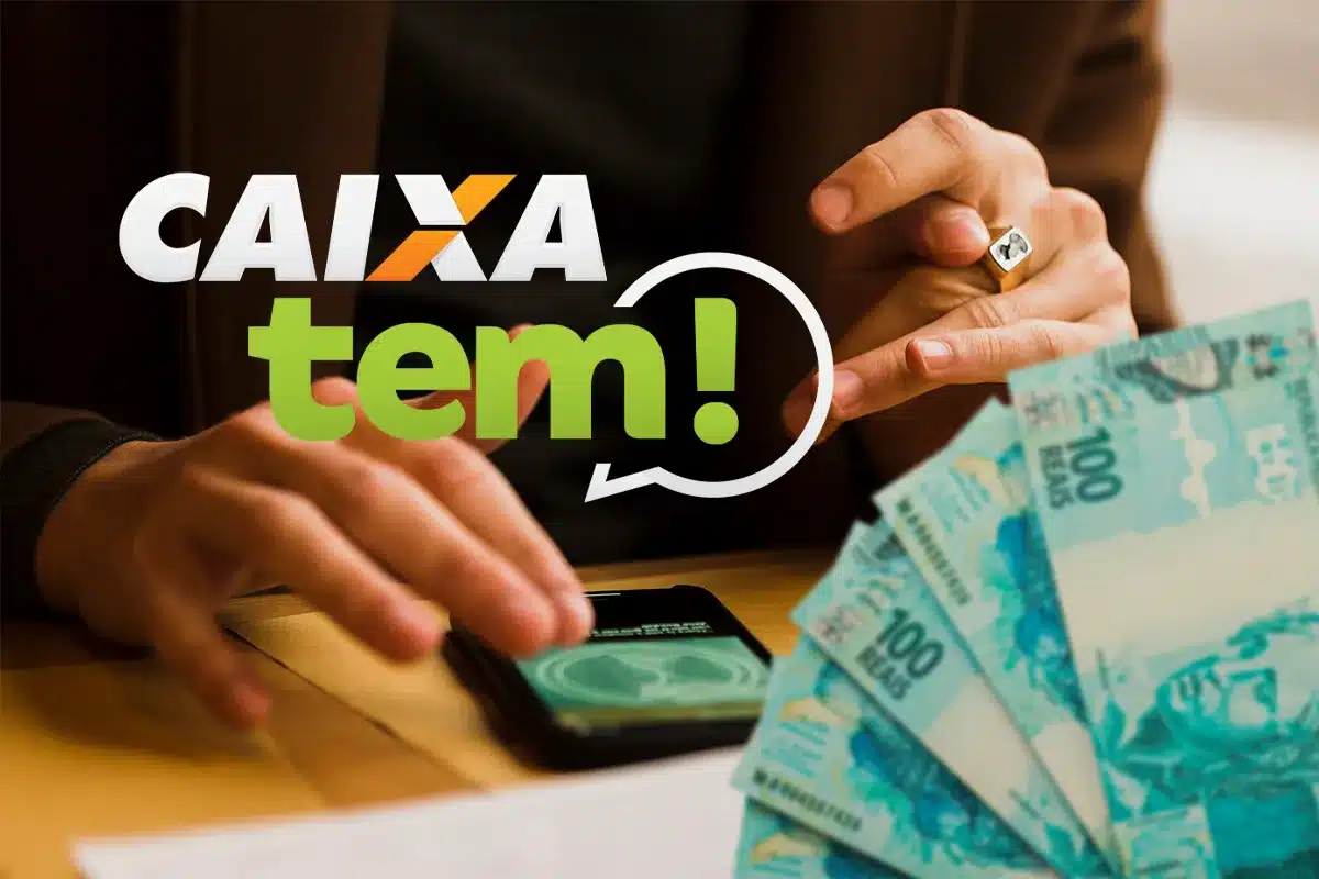Imagem ilustrativa do aplicativo Caixa Tem em um celular ao lado de notas de dinheiro, representando o pagamento do Bolsa Família realizado pela Caixa Econômica Federal. O benefício mínimo de R$ 600 começa a ser depositado em março seguindo o calendário baseado no número final do NIS.
