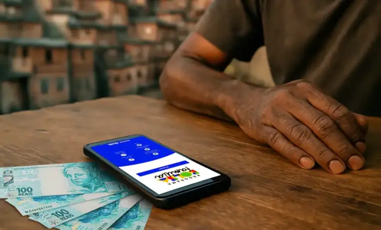 Celular com aplicativo do Bolsa Família aberto ao lado de notas de R$ 100, ilustrando consulta de março no app.