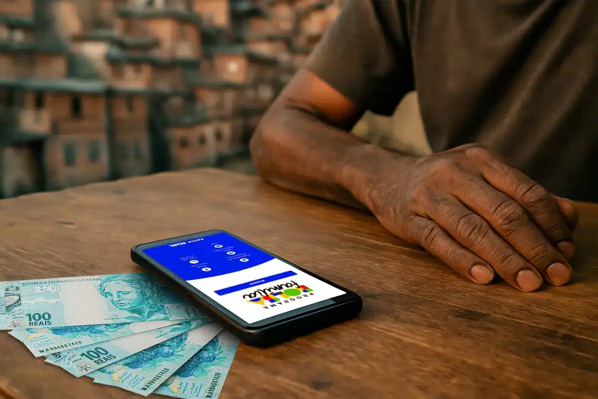 Celular com aplicativo do Bolsa Família aberto ao lado de notas de R$ 100, ilustrando consulta de março no app.