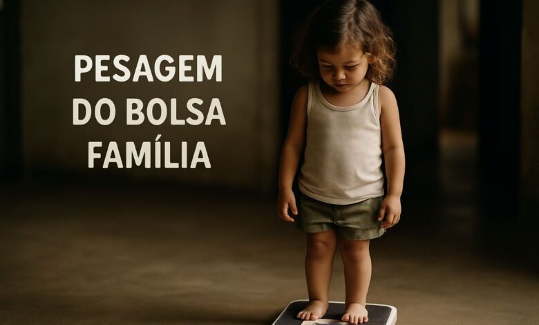 Criança pequena em pé sobre balança representando a pesagem obrigatória do Bolsa Família convocada pelas prefeituras