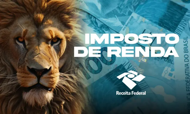 Leão símbolo do Imposto de Renda com dinheiro e logo da Receita Federal
