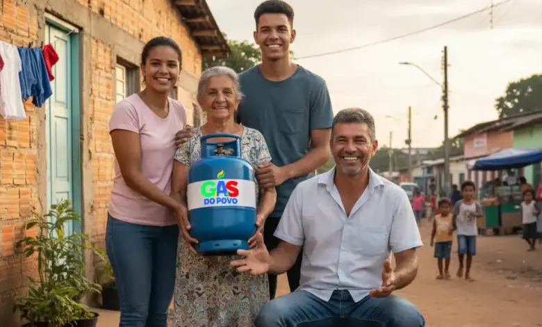 família sorrindo segurando botijão azul com logo do programa em comunidade