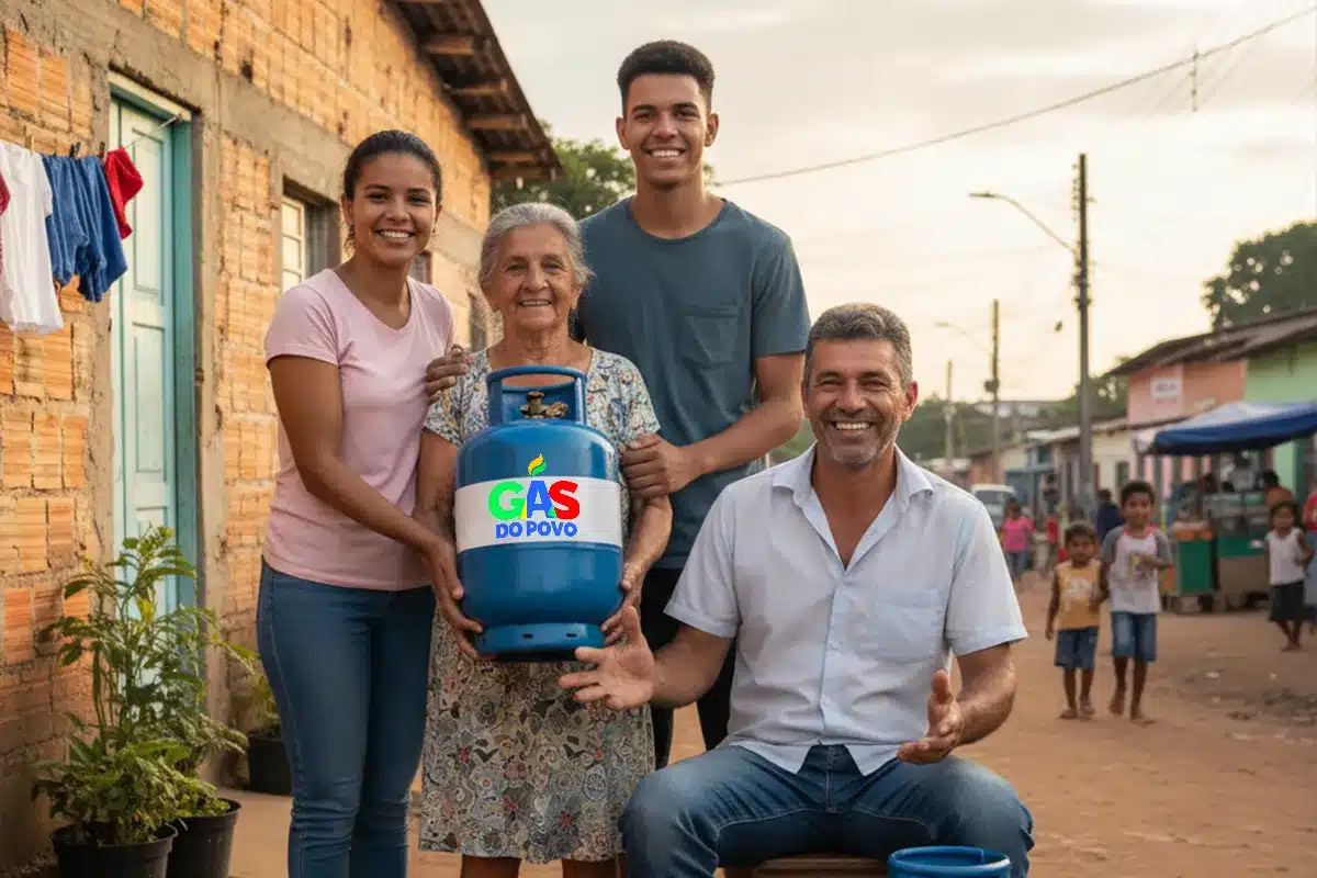 família sorrindo segurando botijão azul com logo do programa em comunidade