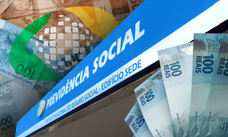 Fachada da Previdência Social com notas de dinheiro representando pagamento do 13º do INSS