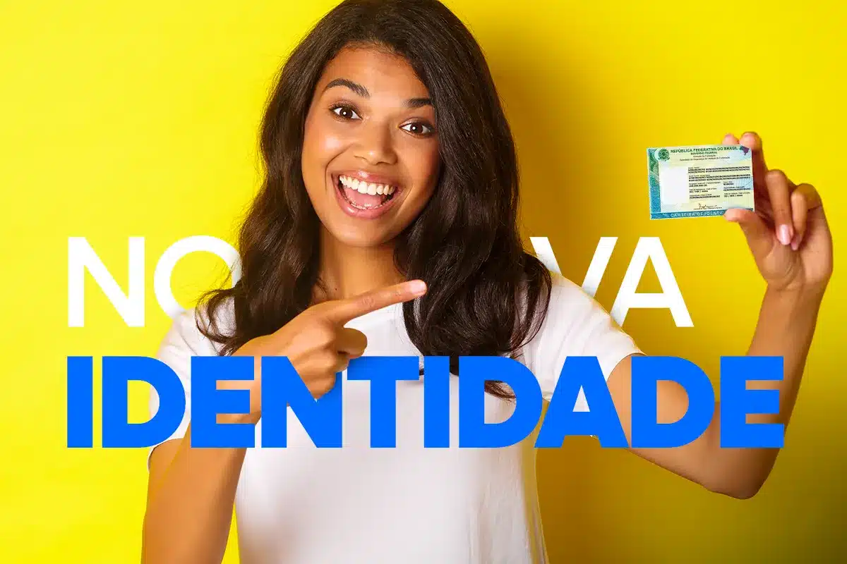 Mulher jovem sorridente aponta para CIN verde e branco, fundo amarelo vibrante com texto "Nova Identidade".