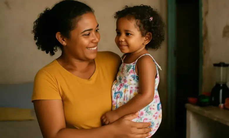 Mulher de camiseta amarela sorri segurando menina de vestido floral colorido em uma casa modesta