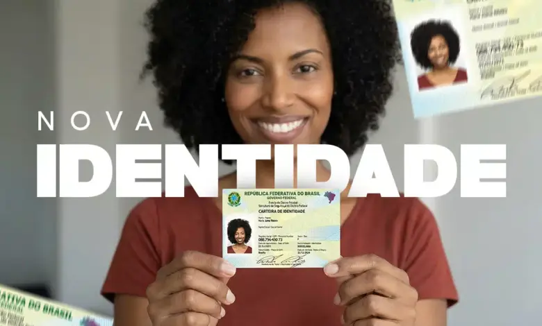 Mulher sorridente de cabelos cacheados segurando a nova Carteira de Identidade Nacional (CIN) em destaque, evidenciando o QR Code e o layout atualizado do documento.