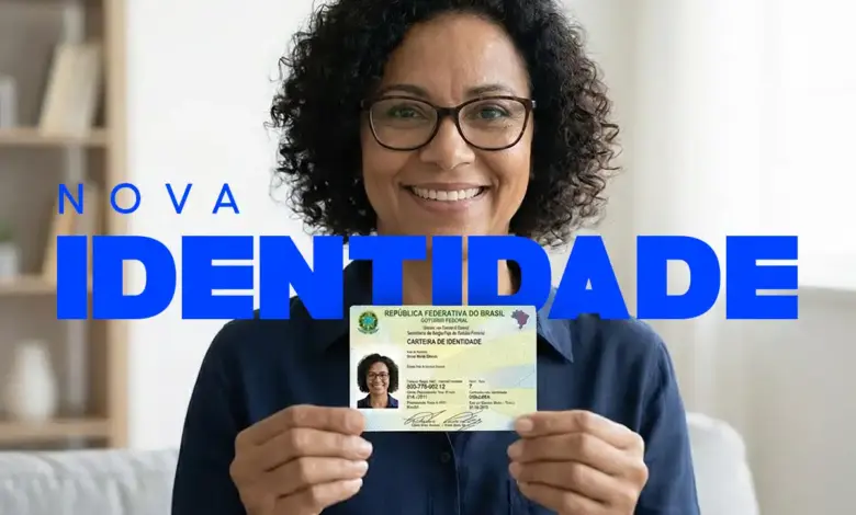 Mulher sorridente de cabelos cacheados e óculos mostra a nova CIN com CPF como identificador único.