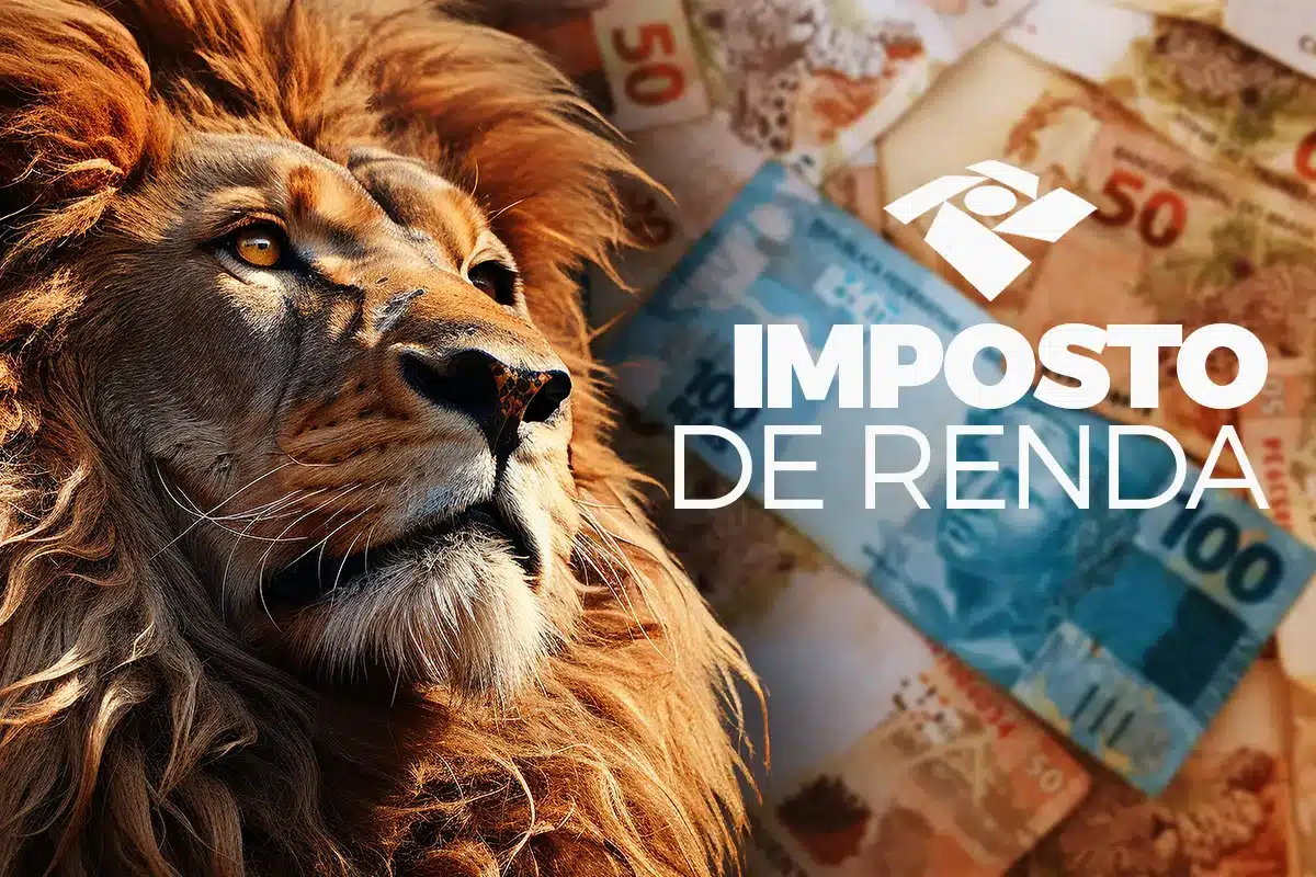 Leão ao lado de notas de dinheiro representando o Imposto de Renda